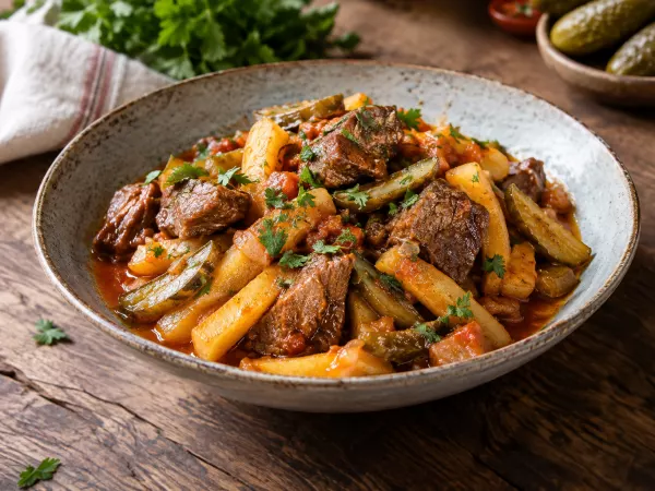 Азу по-татарски с говядиной и солёными огурцами